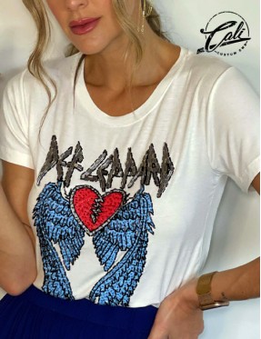 Camiseta Def Leppard com pedrarias bordada à mão