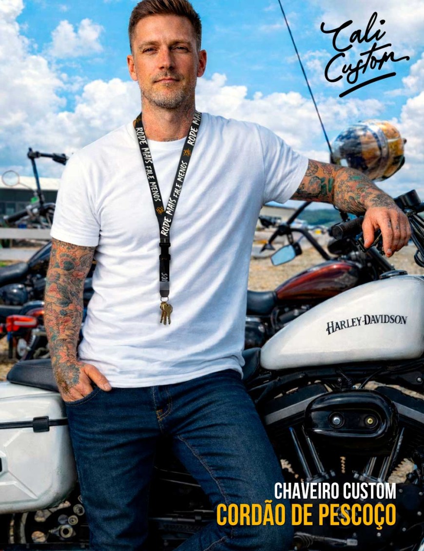 Chaveiro custom cordão de pescoço com fecho - Rode mais, fale menos